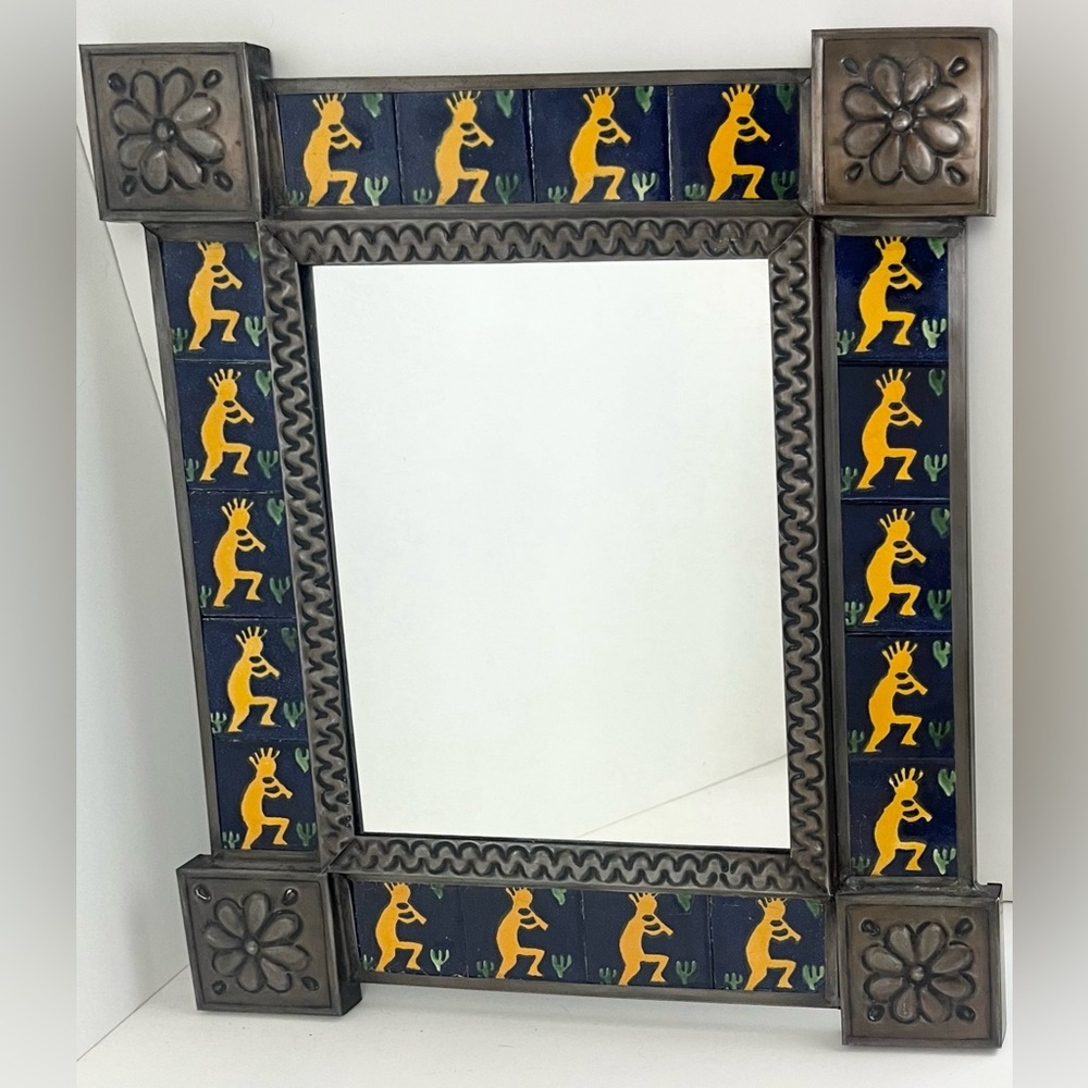 Vintage Ornate Natural Tin & Mexican Tile Mirror